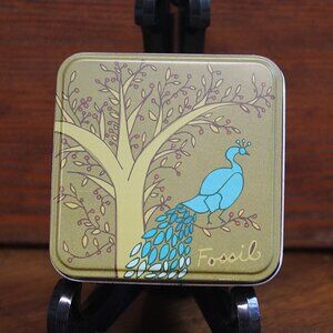 Vintage Fossil Watch Tin - Peacock & Tree Design - Collectible Storage Box